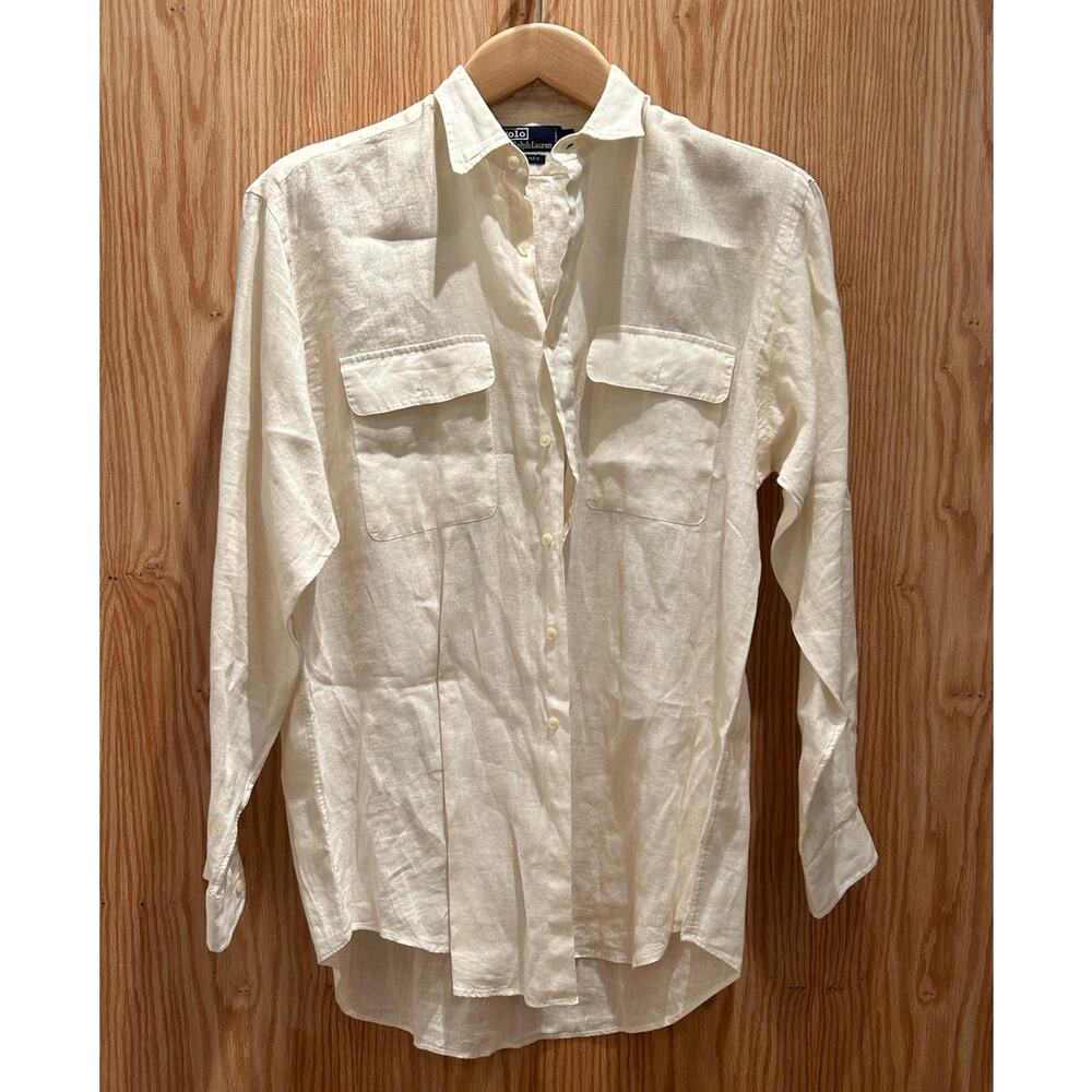 Vintage 1980s Polo Ralph Lauren White Linen Button Down Dress Shirt Men's L
